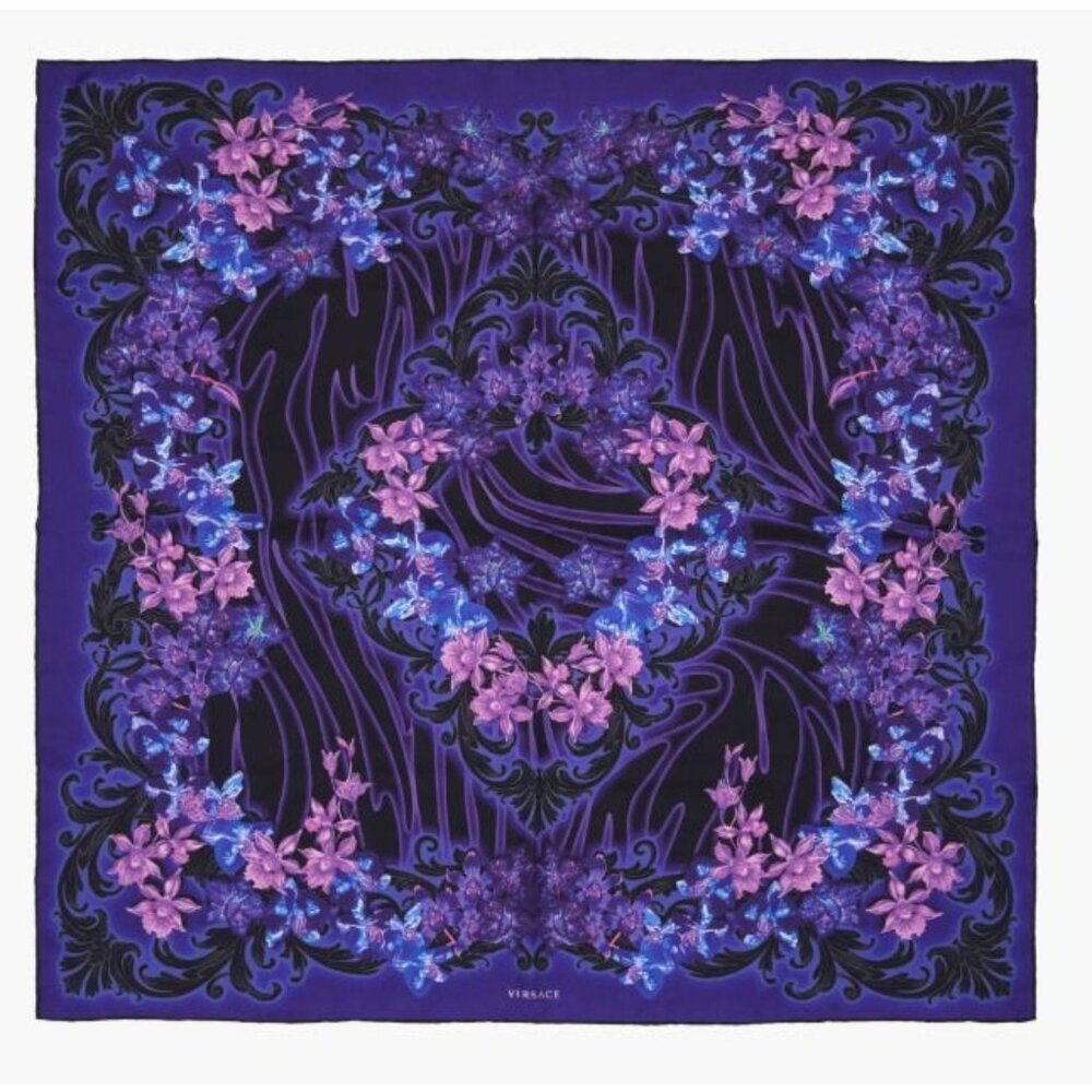 Versace Orchid Print 100% Silk Square Purple Black Scarf Rtl $525 New with Tags